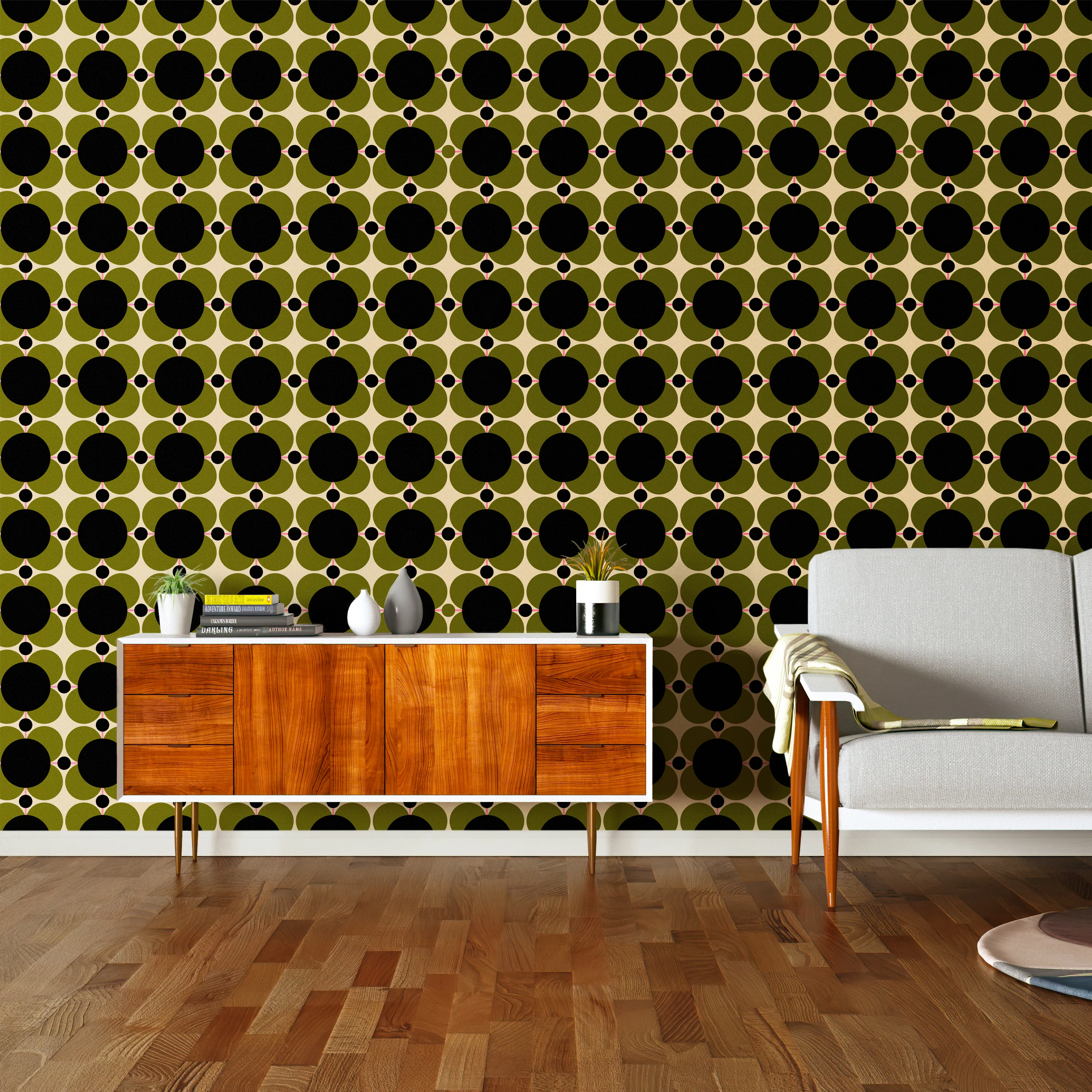 Atomic Flower Khaki Wallpaper - 70cm x 10m ROW