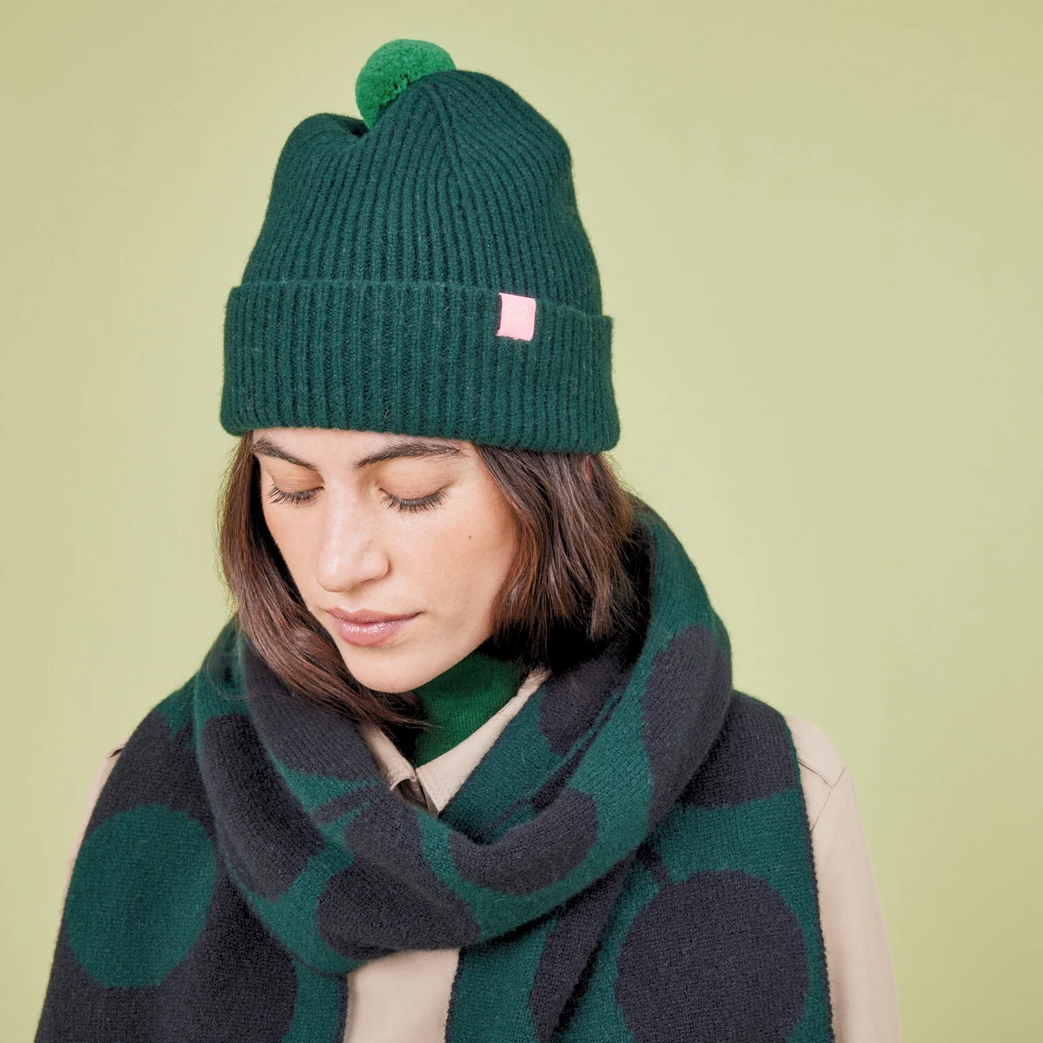 Contrast Pom Wool Beanie - Forest Black - Image 2
