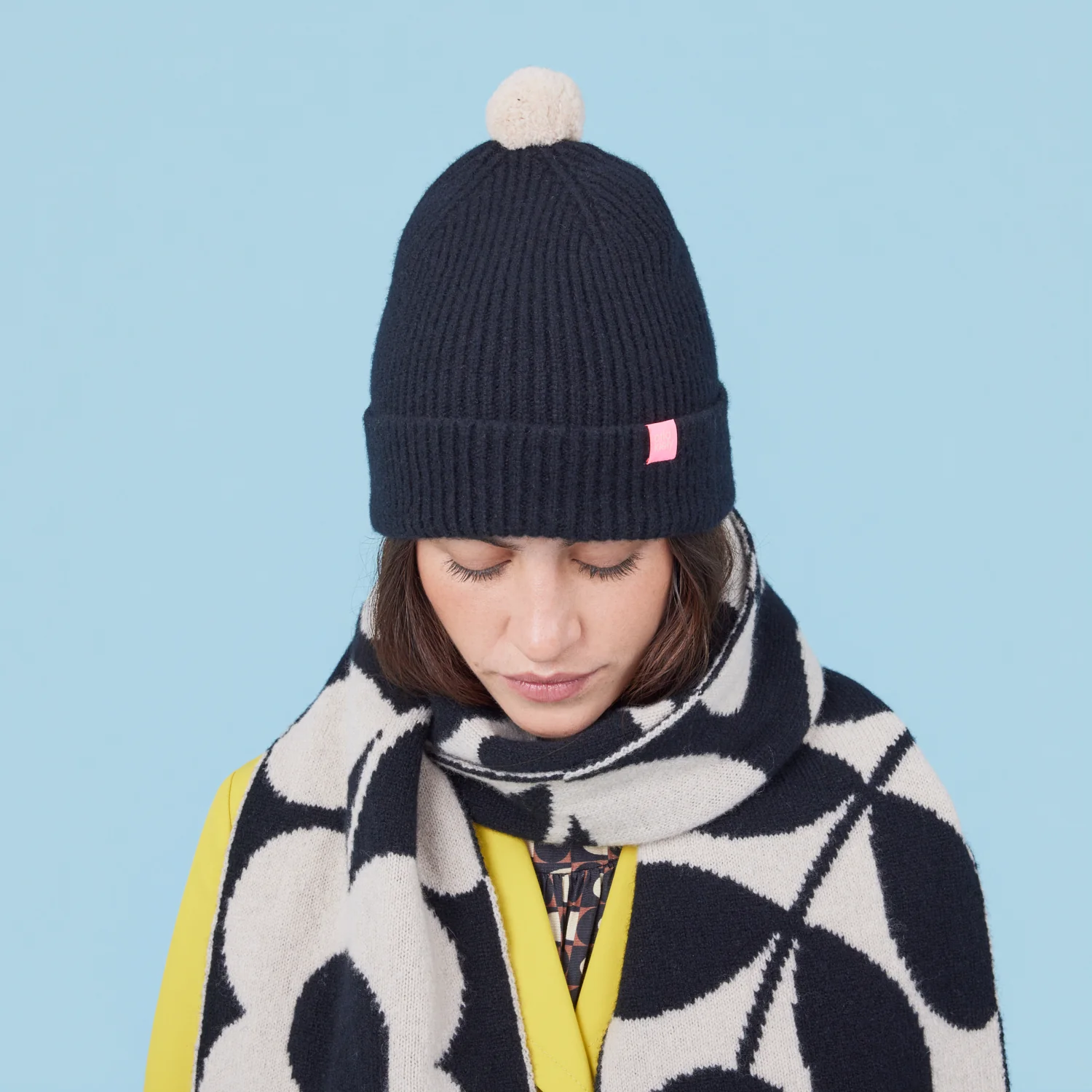 Contrast Pom Wool Beanie - Cream Black - Image 2