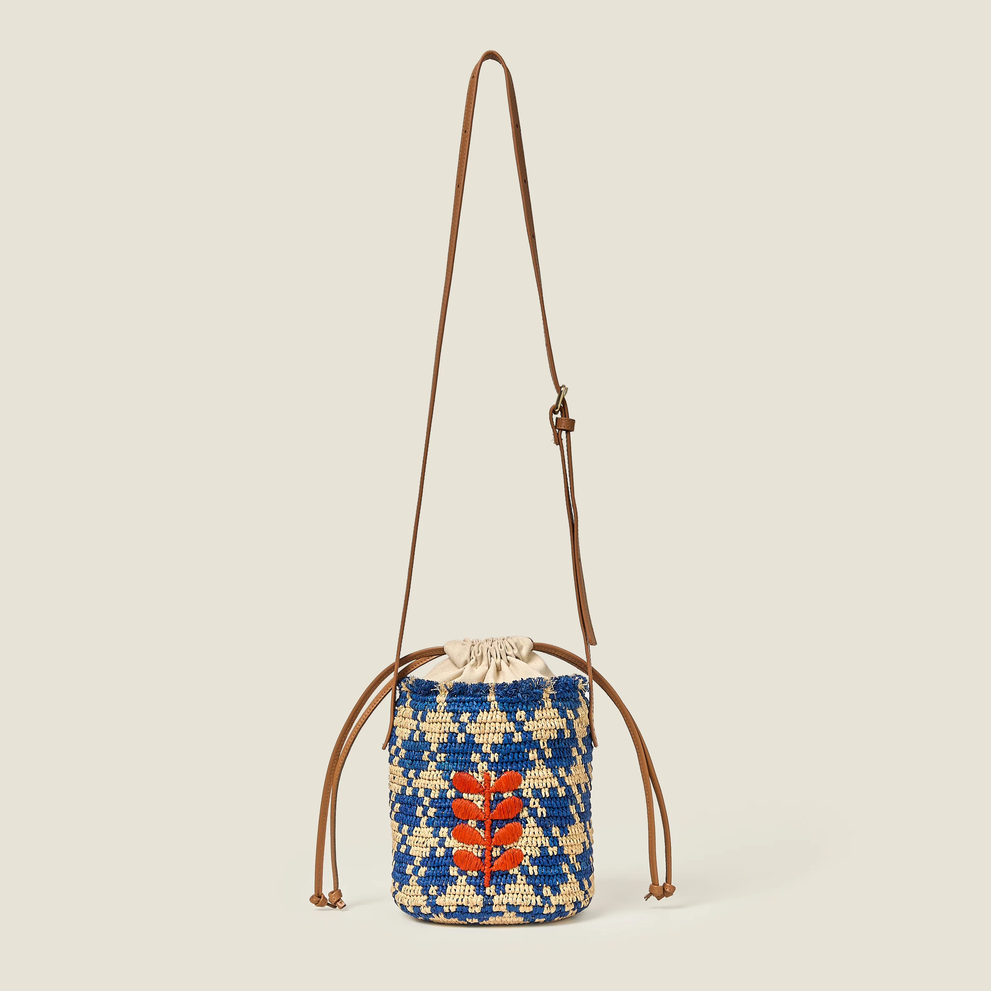Crab and Houndstooth Raffia Bucket Bag - Sea Blue - Image 5
