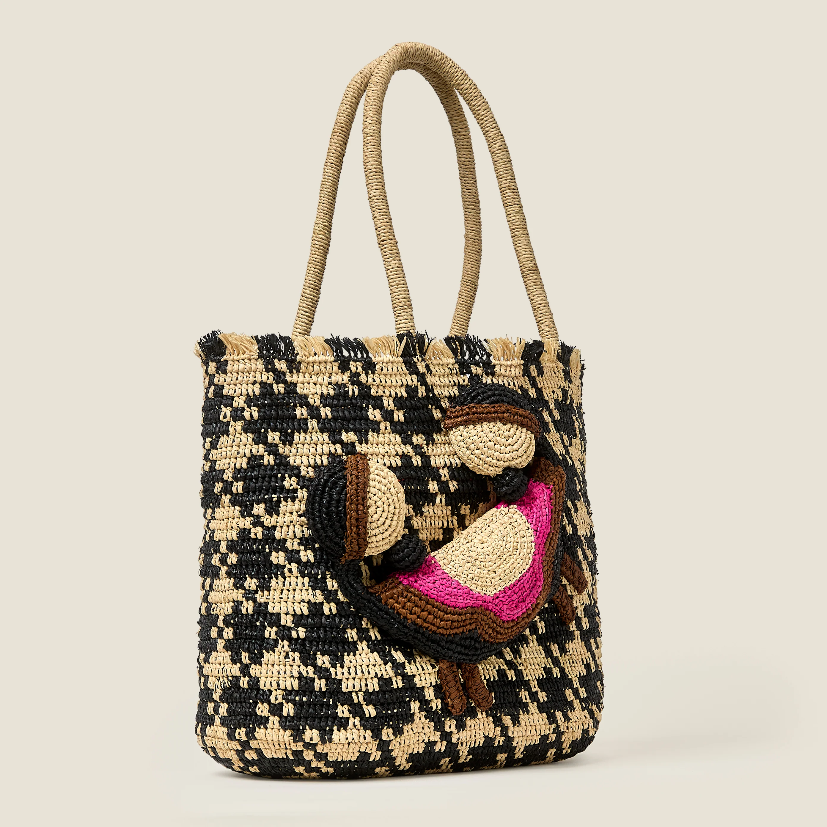 Crab and Houndstooth Raffia Tote Bag - Monochrome - Image 4