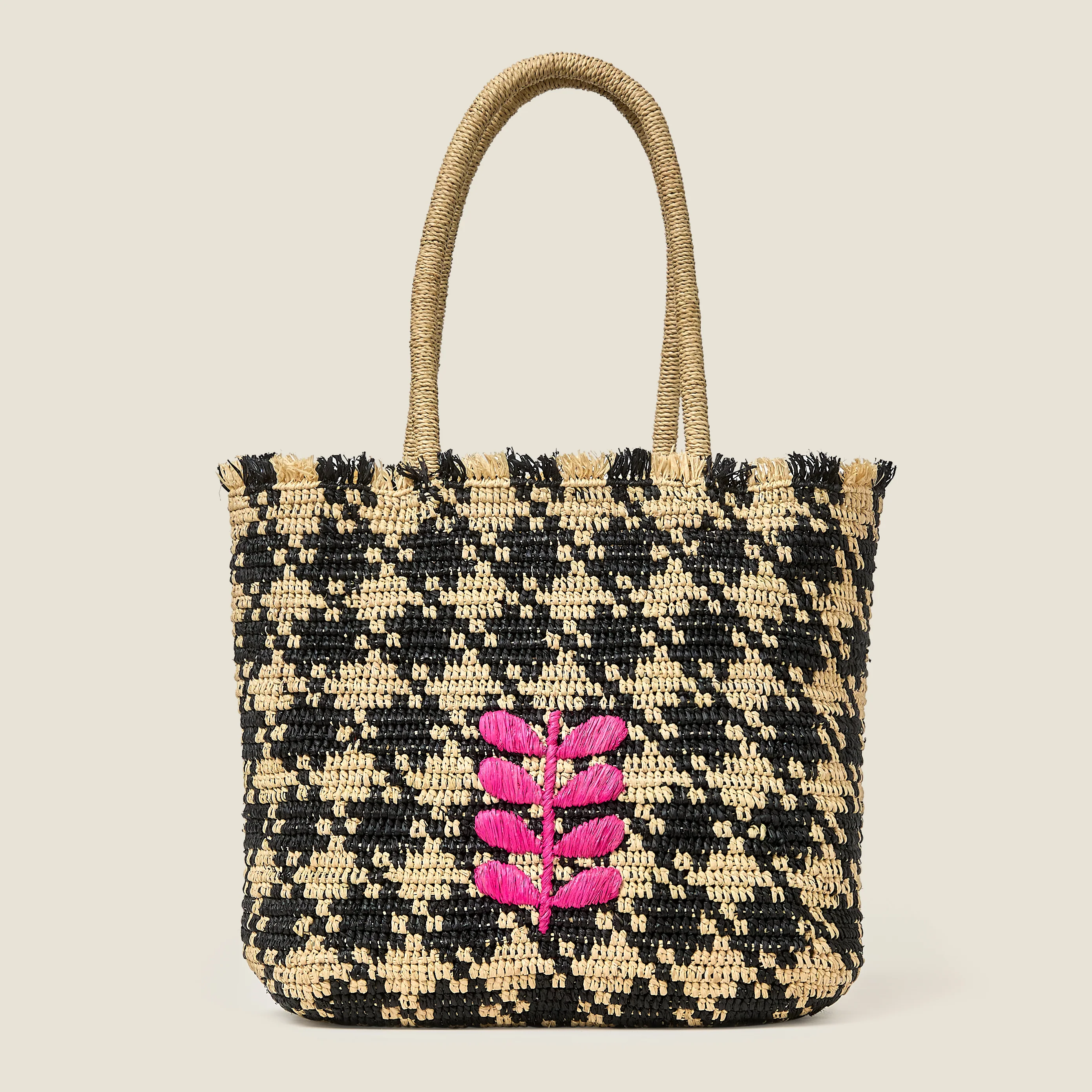 Crab and Houndstooth Raffia Tote Bag - Monochrome - Image 6