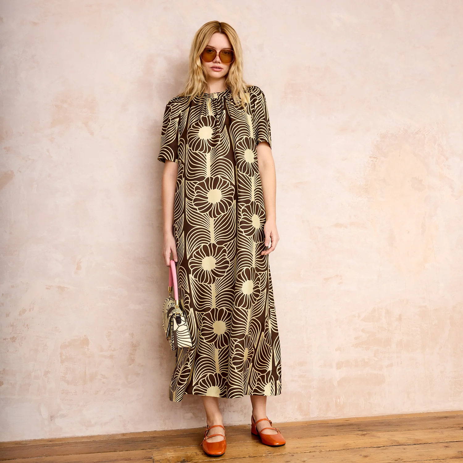 Orla Short Sleeve Belted Silk Dress Moonflower Walnut - Image 6