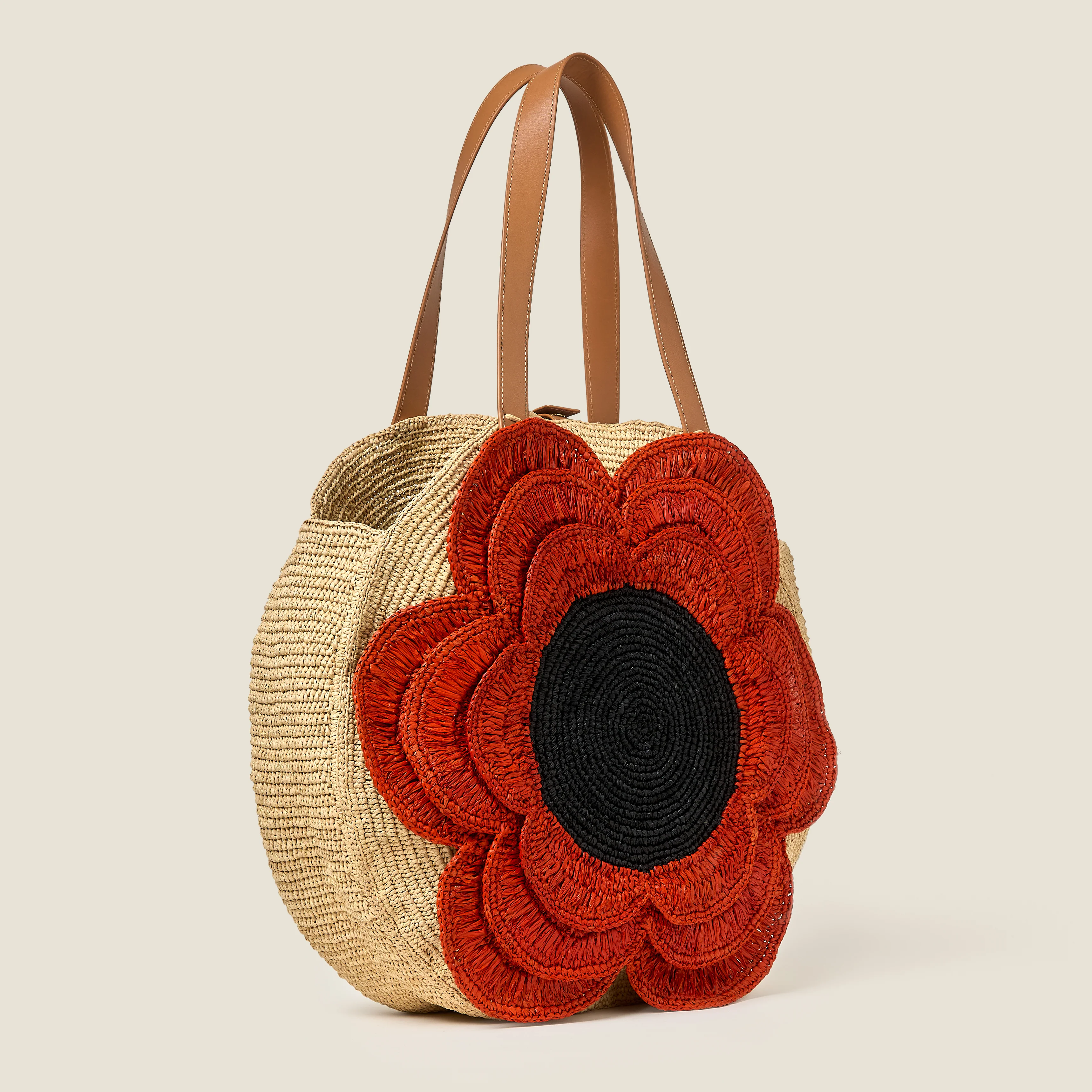Petal Flower Round Raffia Tote Bag - Clementine - Image 4