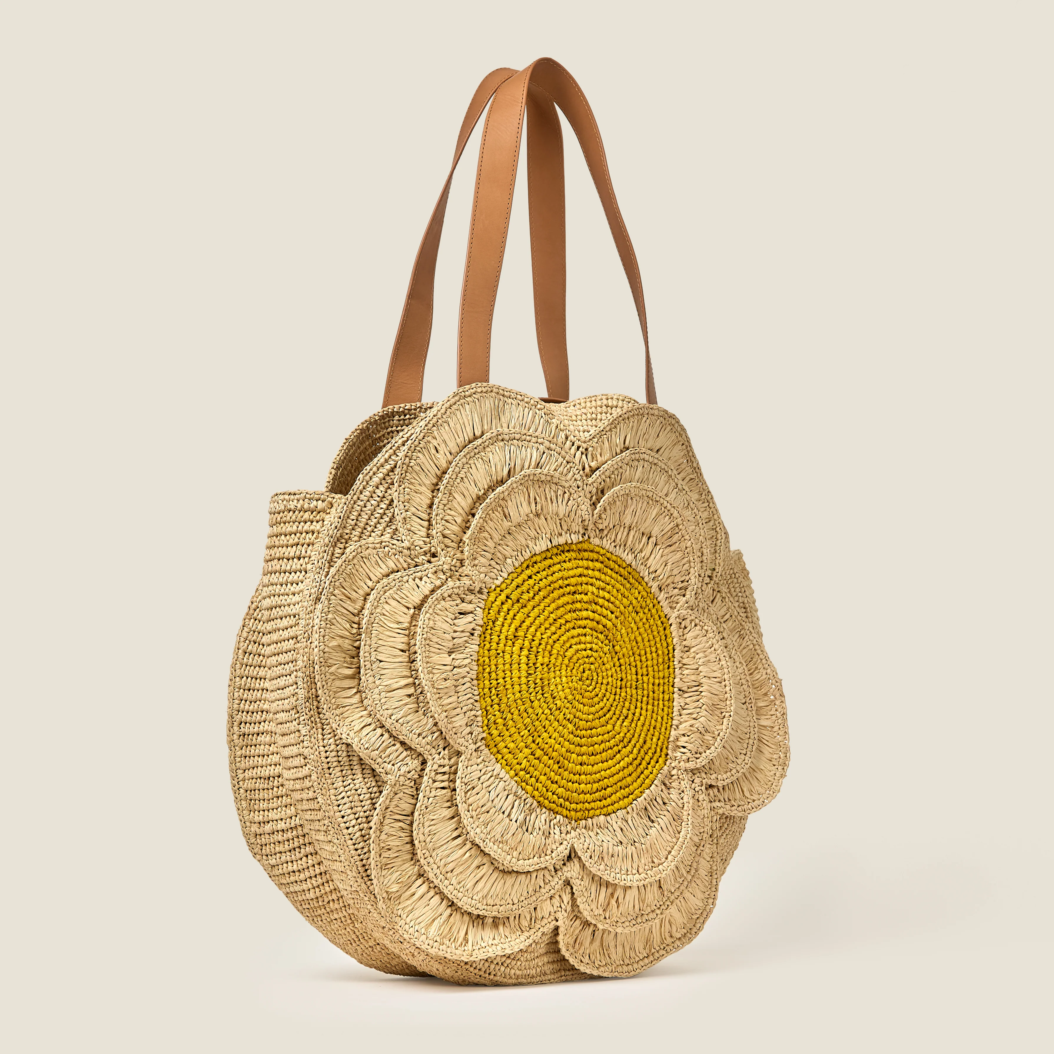 Petal Flower Round Raffia Tote Bag - Natural - Image 3